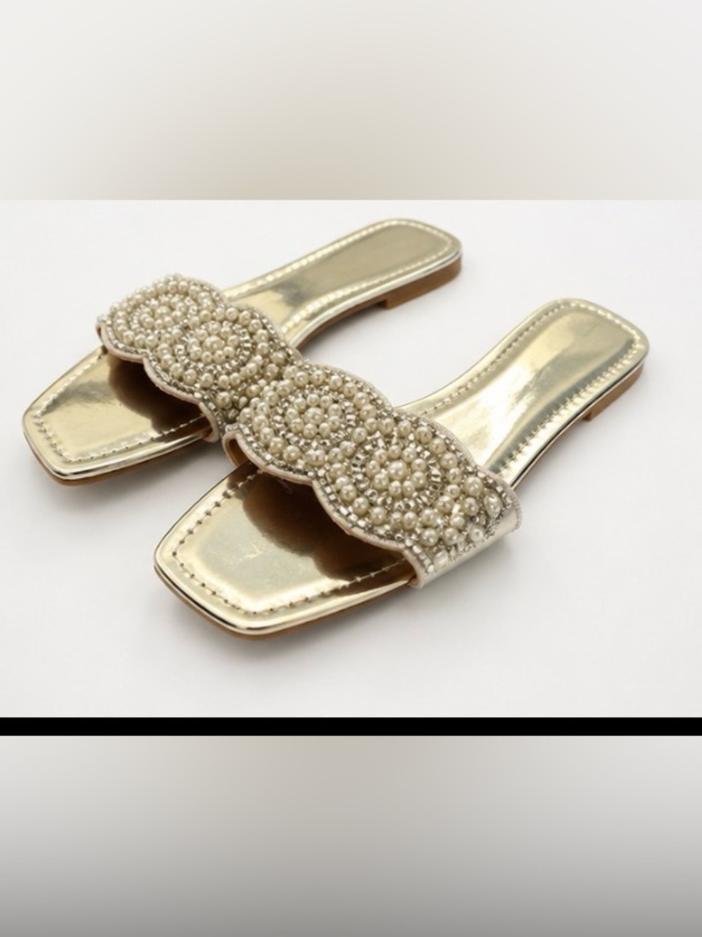Embellished Pearl Gold Slide Sandals
